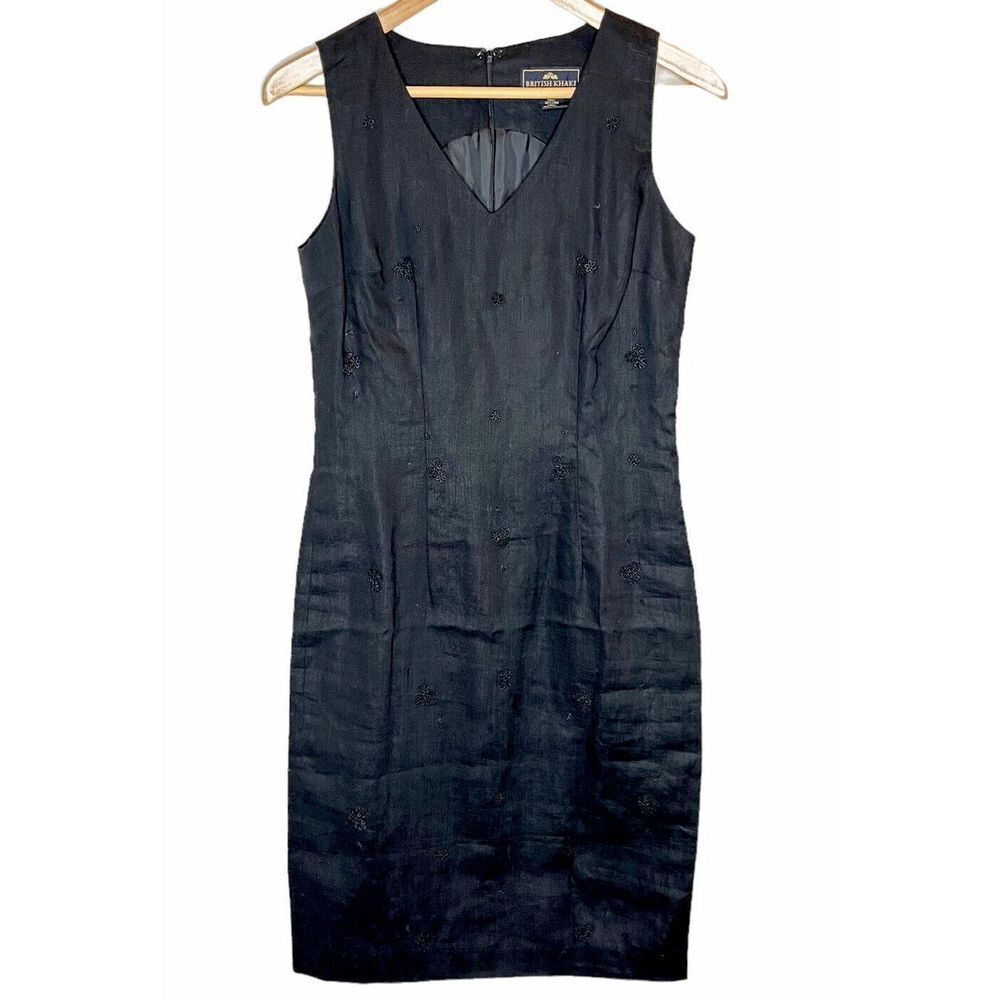 British Khaki Dress Size 4 Black 100% Linen V Neck Lined Knee Length Sheath